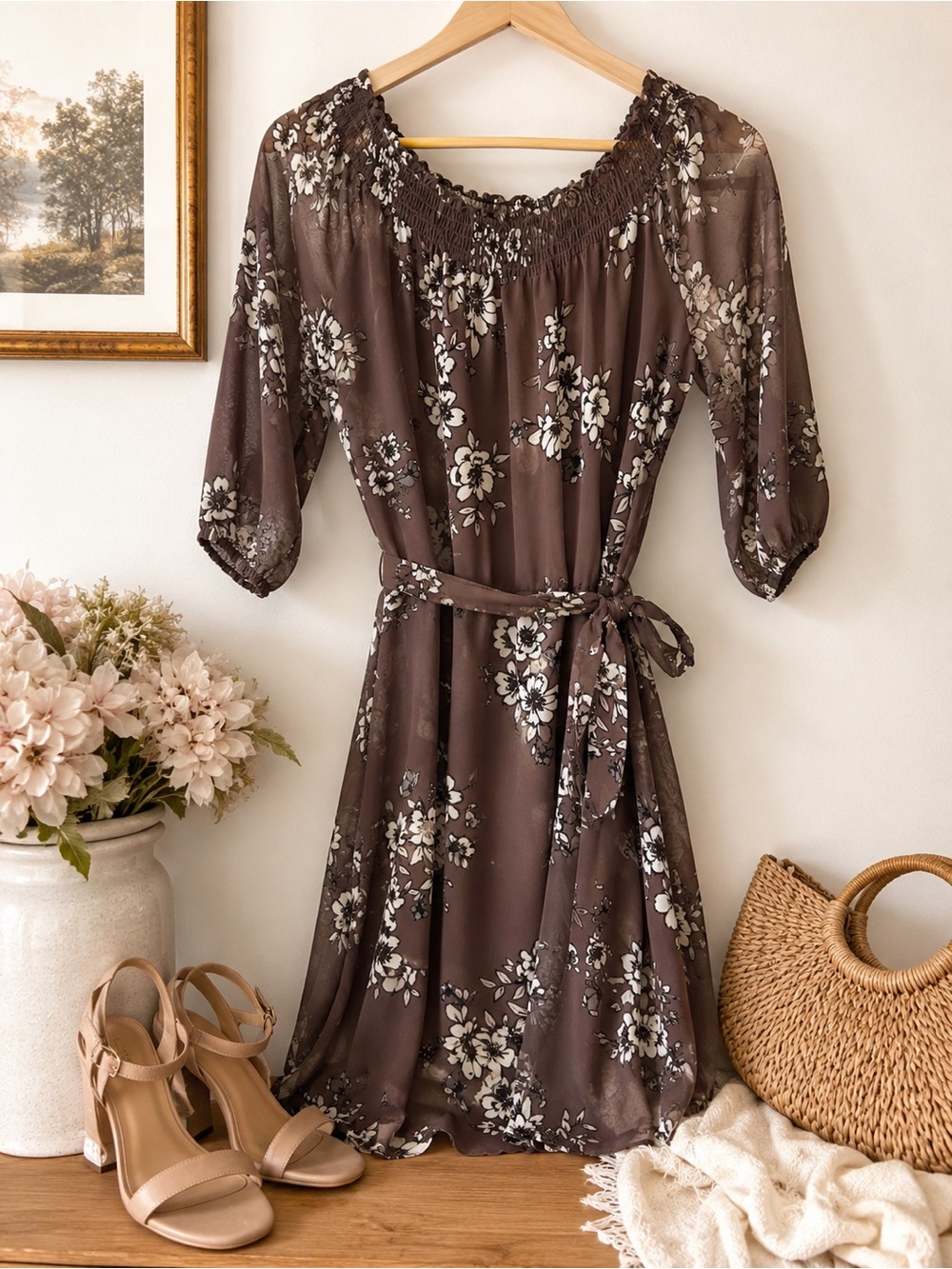NWT Maurices Brown Floral Chiffon Dress | Smocked Neck | Tie Waist | Size Small